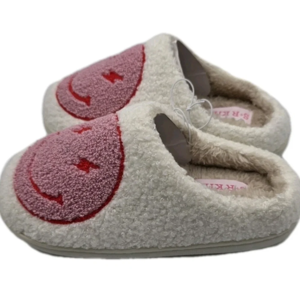 Smiley Face Plush Slippers Retro Soft Size 10 11 12 2 House Shoes Slip On Barbie